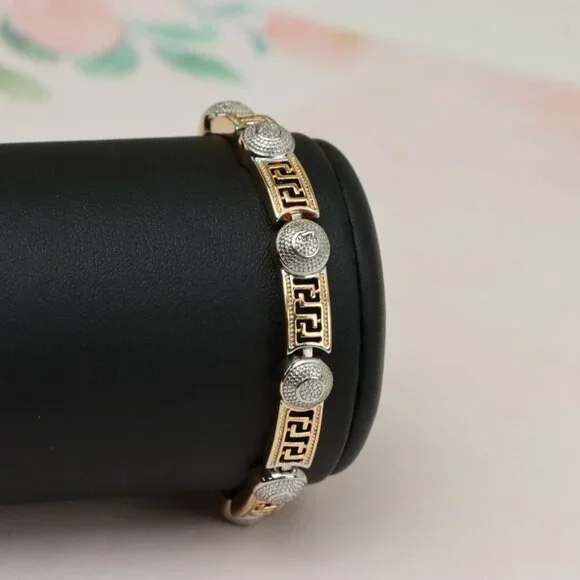 "Greek Key Rose Gold Bracelet with Silver Disc Accents, XPBL0792 - Picture 7 of 12